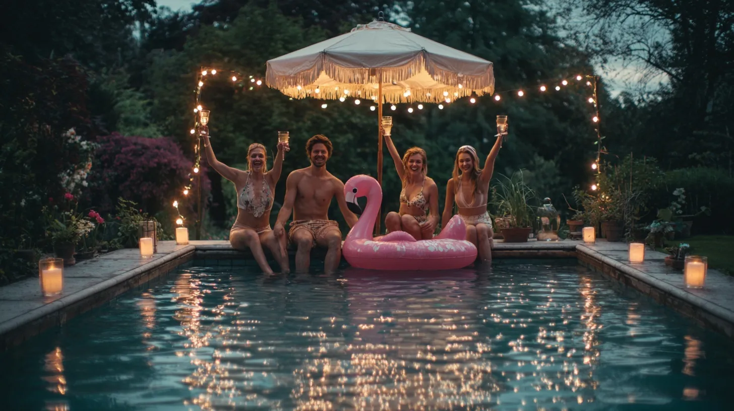 Four friends cheering with cocktails by a pool with a pink flamingo float and glowing evening lights in a garden.