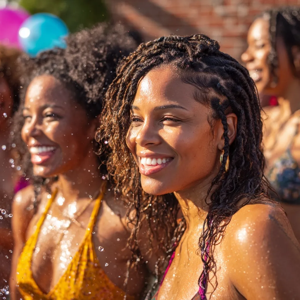 Diverse Black women with natural hair laughing and splashing in a sunny Maryland backyard pool party.