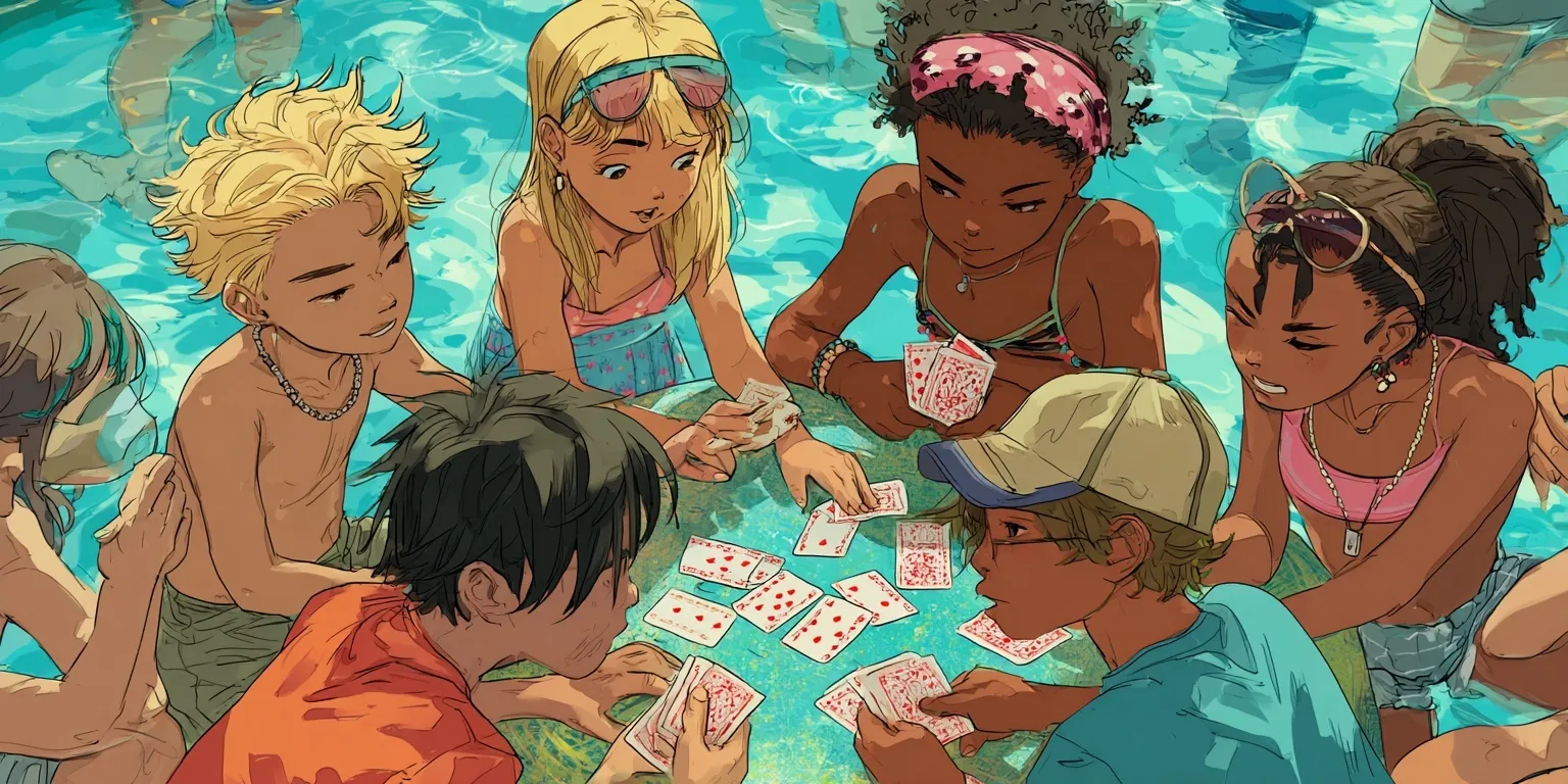 Diverse group of kids playing cards poolside in a vibrant, surreal anime style, perfect for summer party invitations.