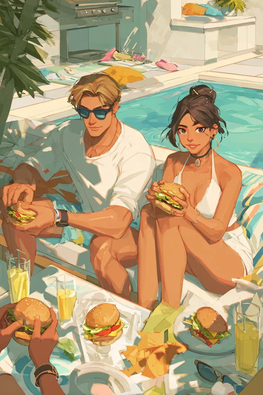 Handsome group eating burgers at a sunny poolside BBQ summer party.
