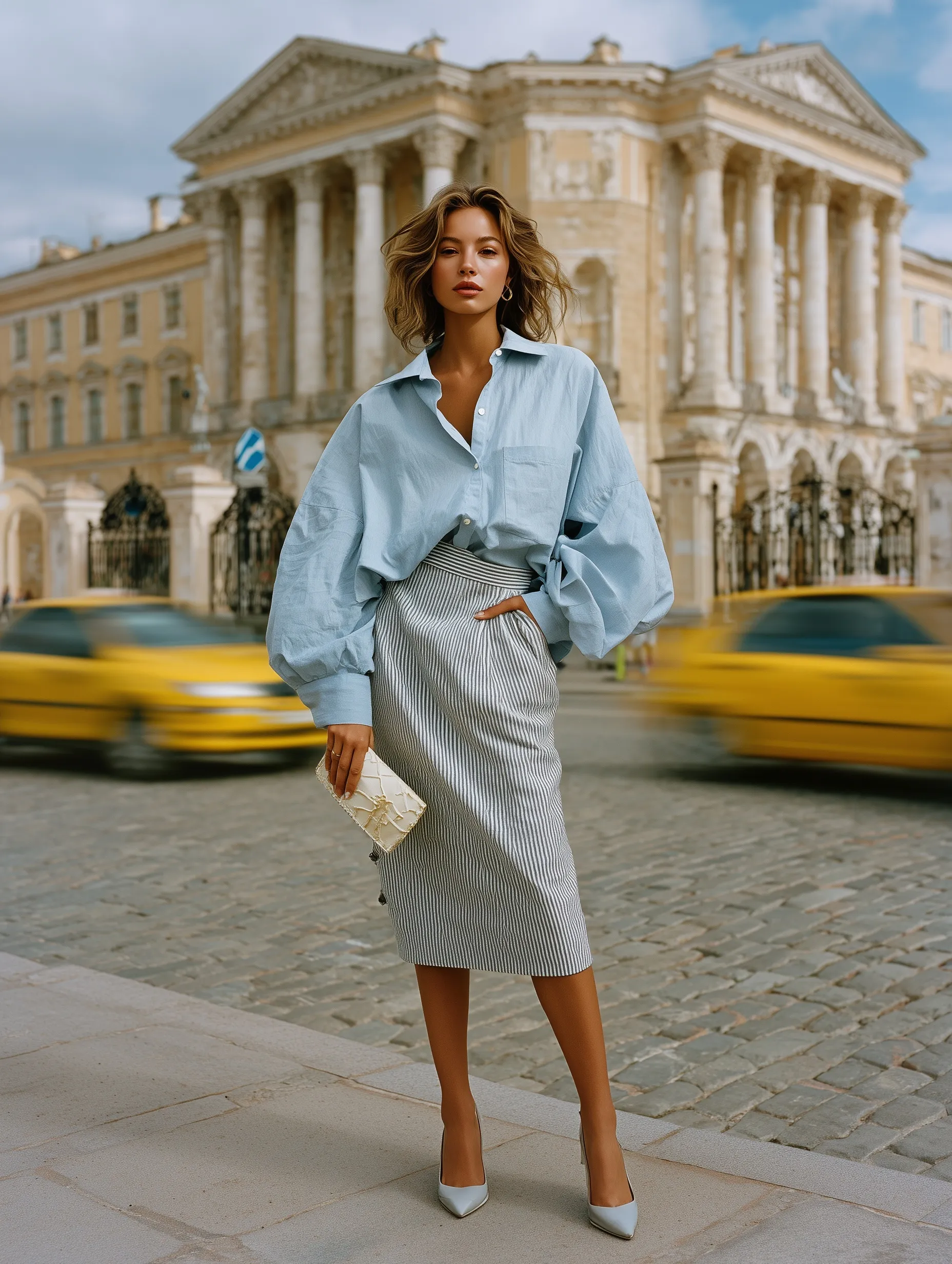 Stylish woman in a glacier blue oversized shirt and pencil skirt posing on a historic European city street.