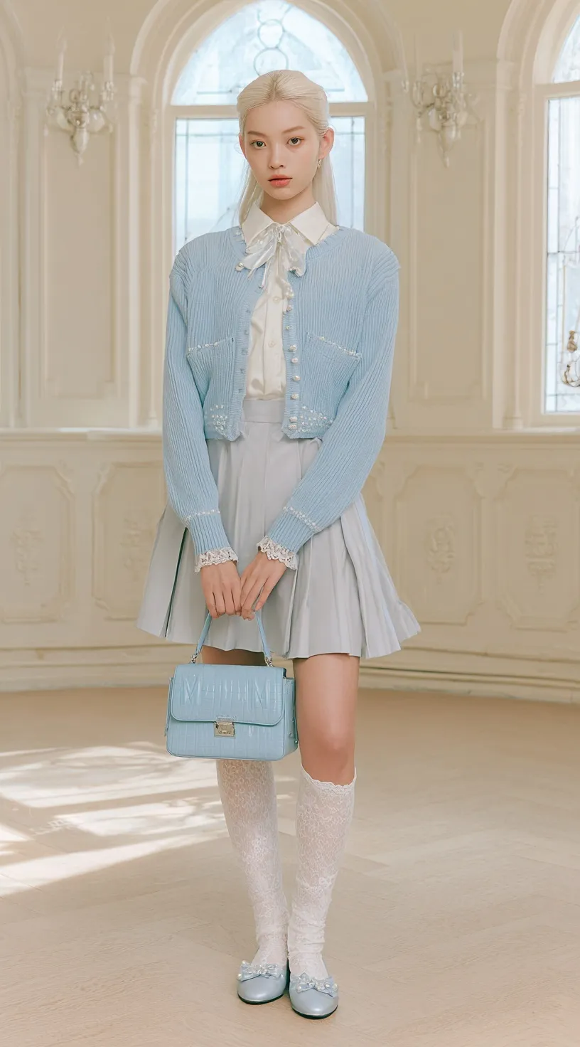 Asian girl in a blue cropped cardigan and pleated skirt holding a mini bag in a chic, sunlit classroom setting.