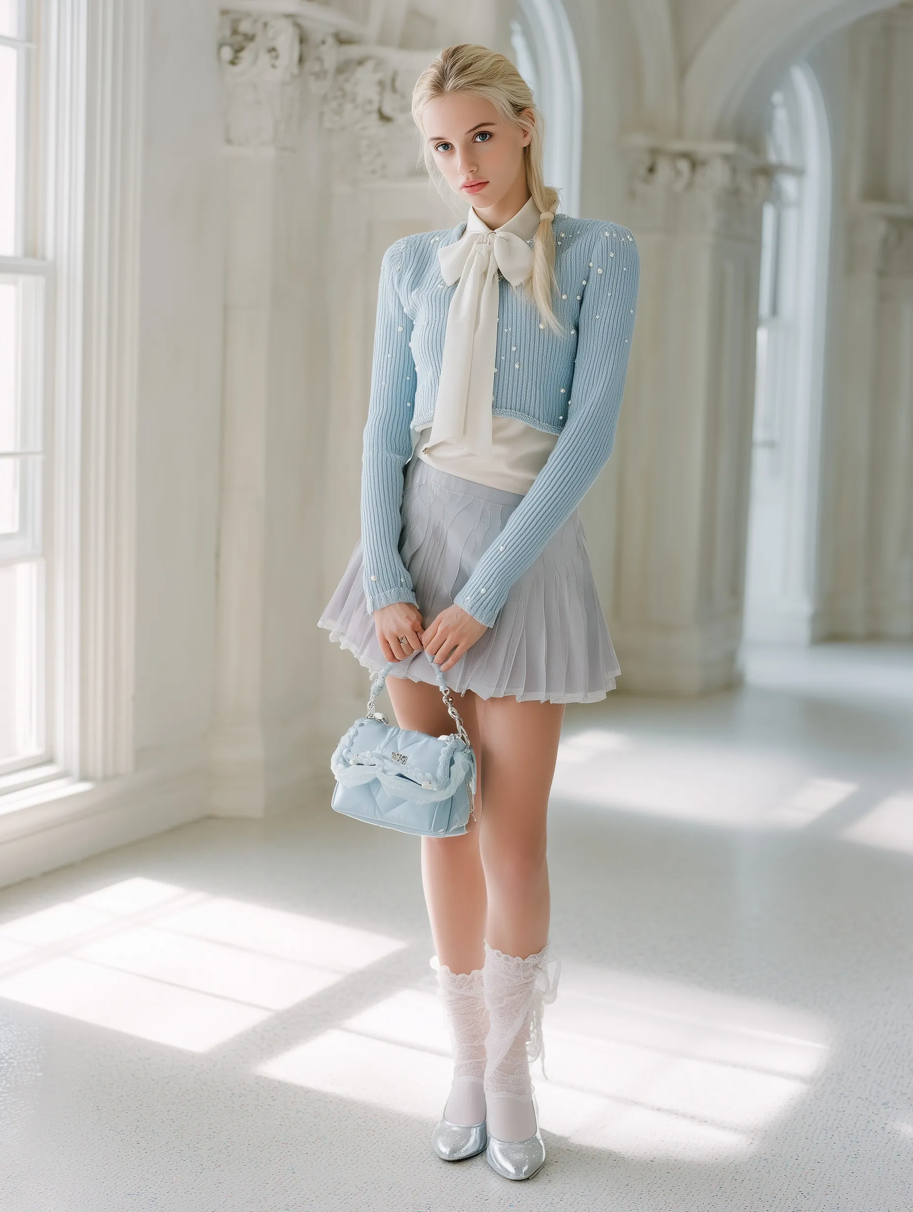 A girl in a glacier blue cardigan, pleated skirt, and Miu Miu bag, standing in an elegant, sunlit ivory classroom.