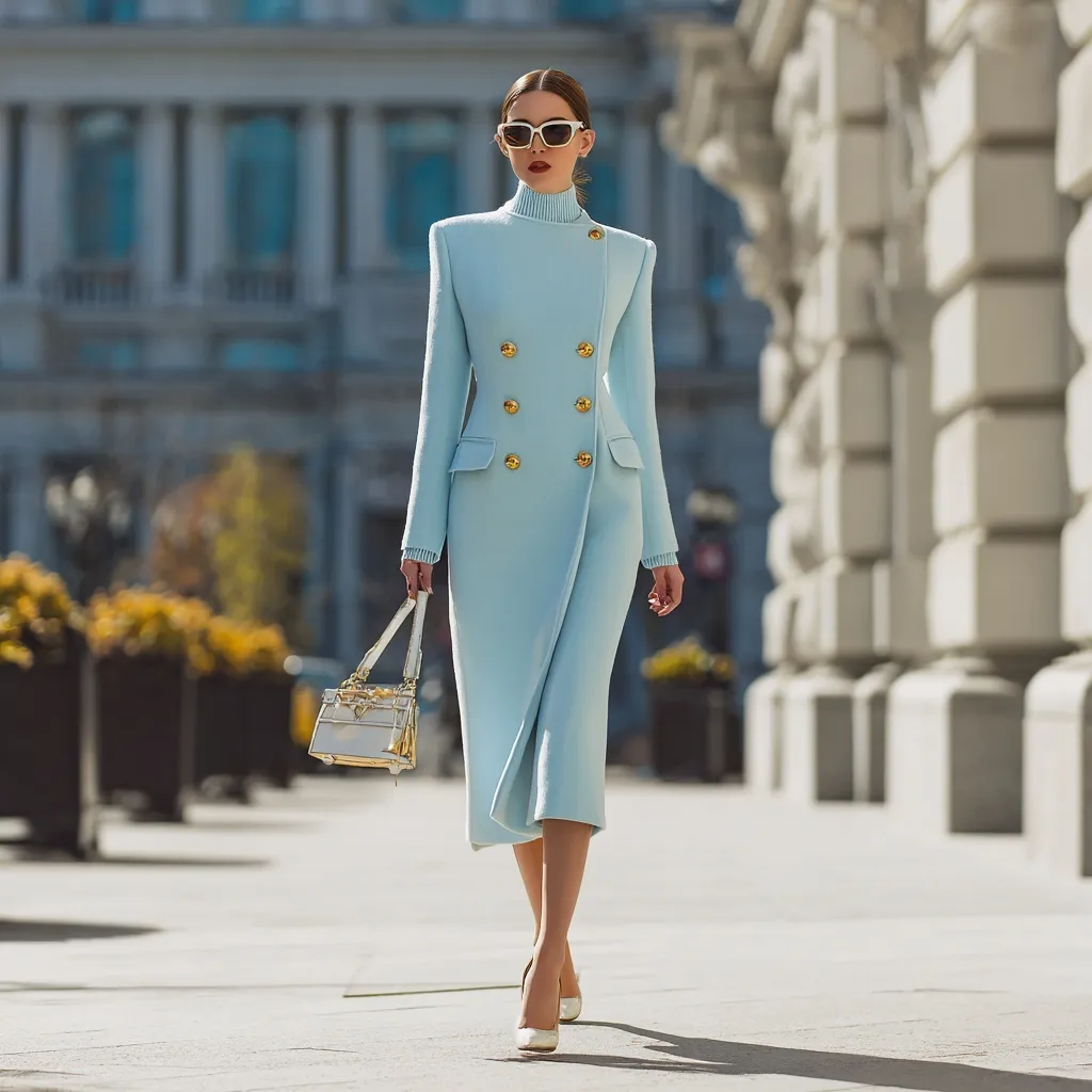 Elegant 32-year-old model in a glacier blue wool coat and high heels walking on city streets.