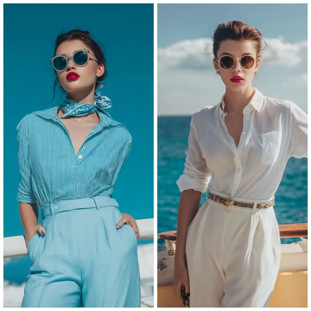 European and American models wearing glacier blue summer outfits against a bright blue sky and ocean background.