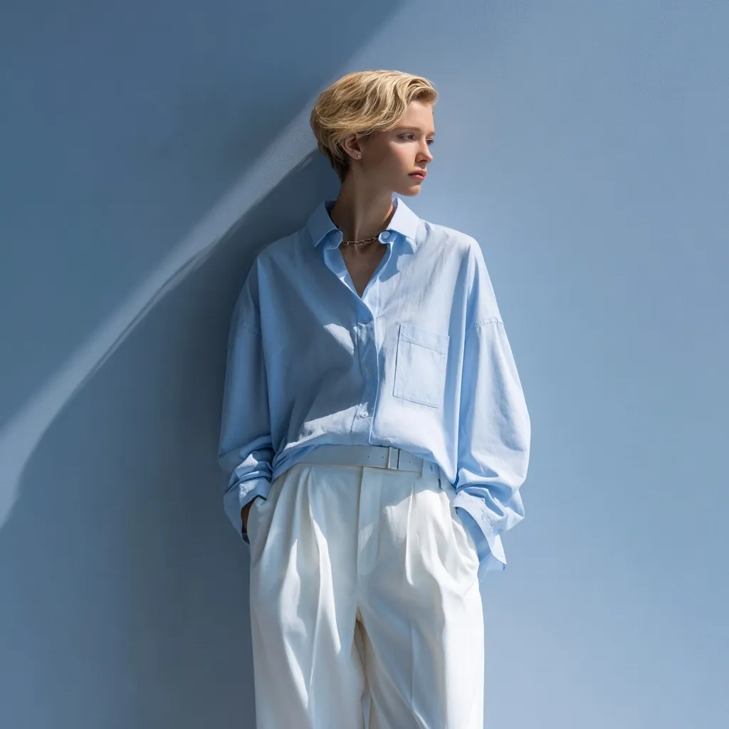 A European female model wearing an oversized light blue shirt and white trousers in a minimalist studio setting.