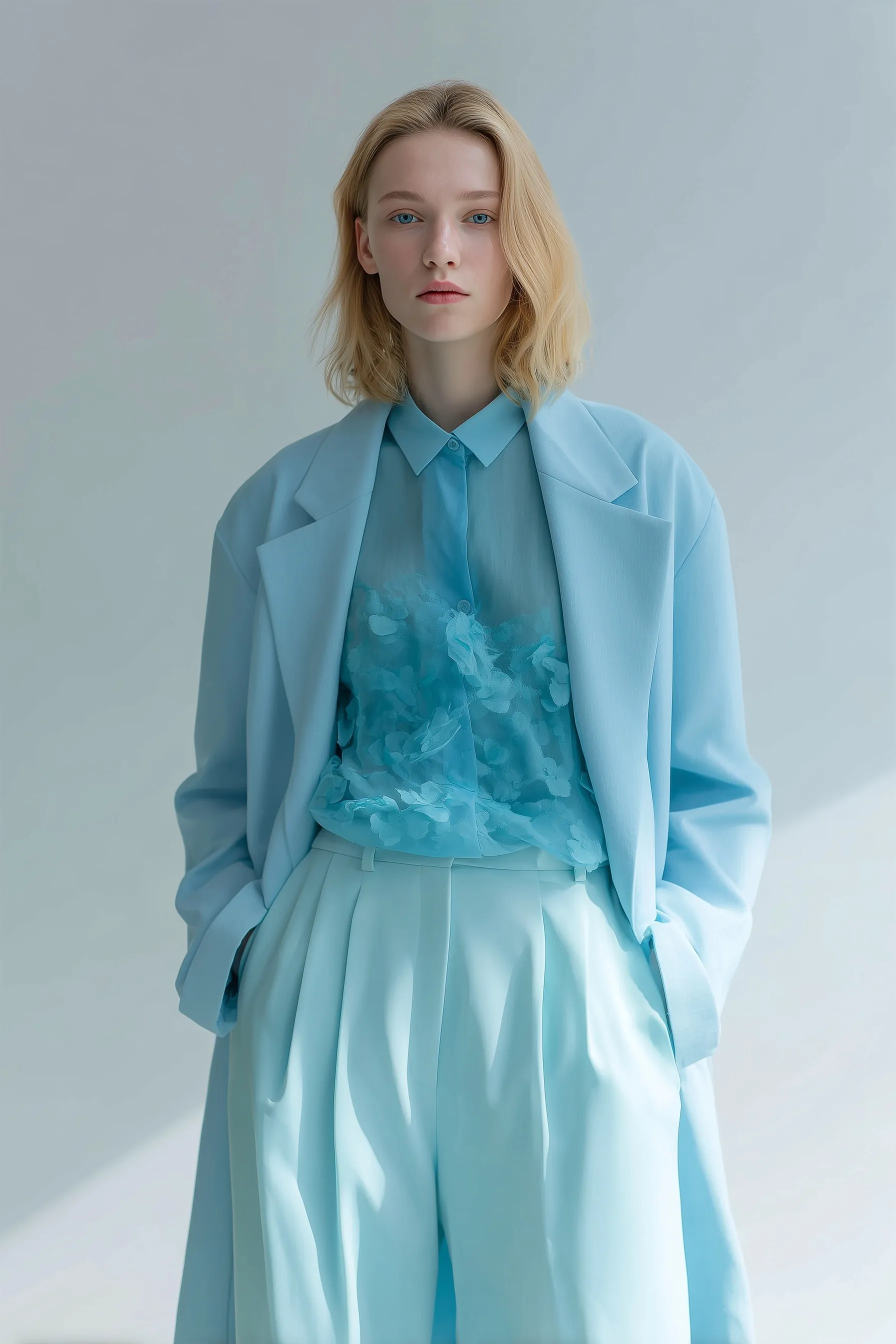 A young woman in a monochromatic light warm navy blue summer outfit, wide-leg trousers, and blouse, editorial style.