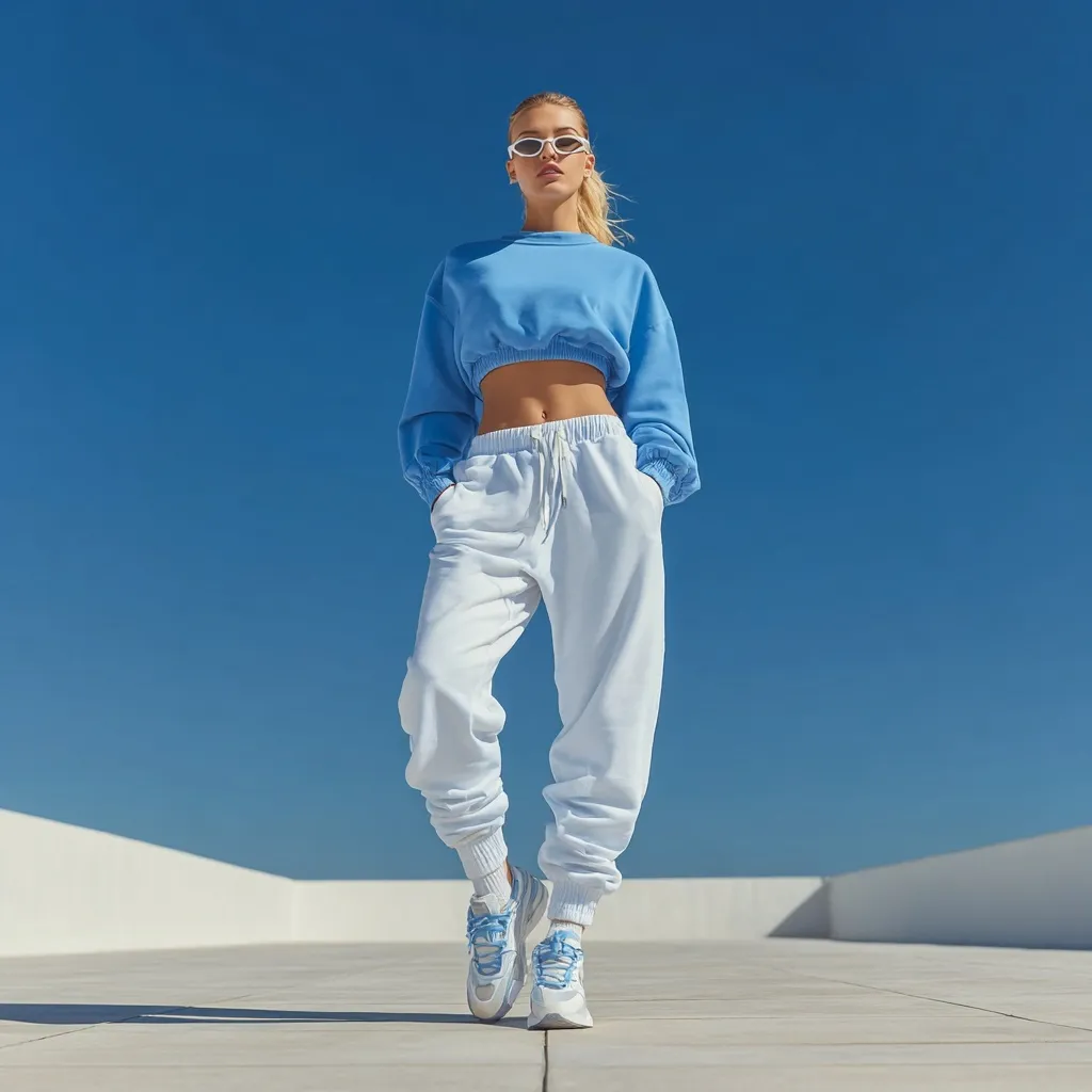 A woman wearing a glacier blue sportswear outfit standing outdoors for a full-body advertising shot.