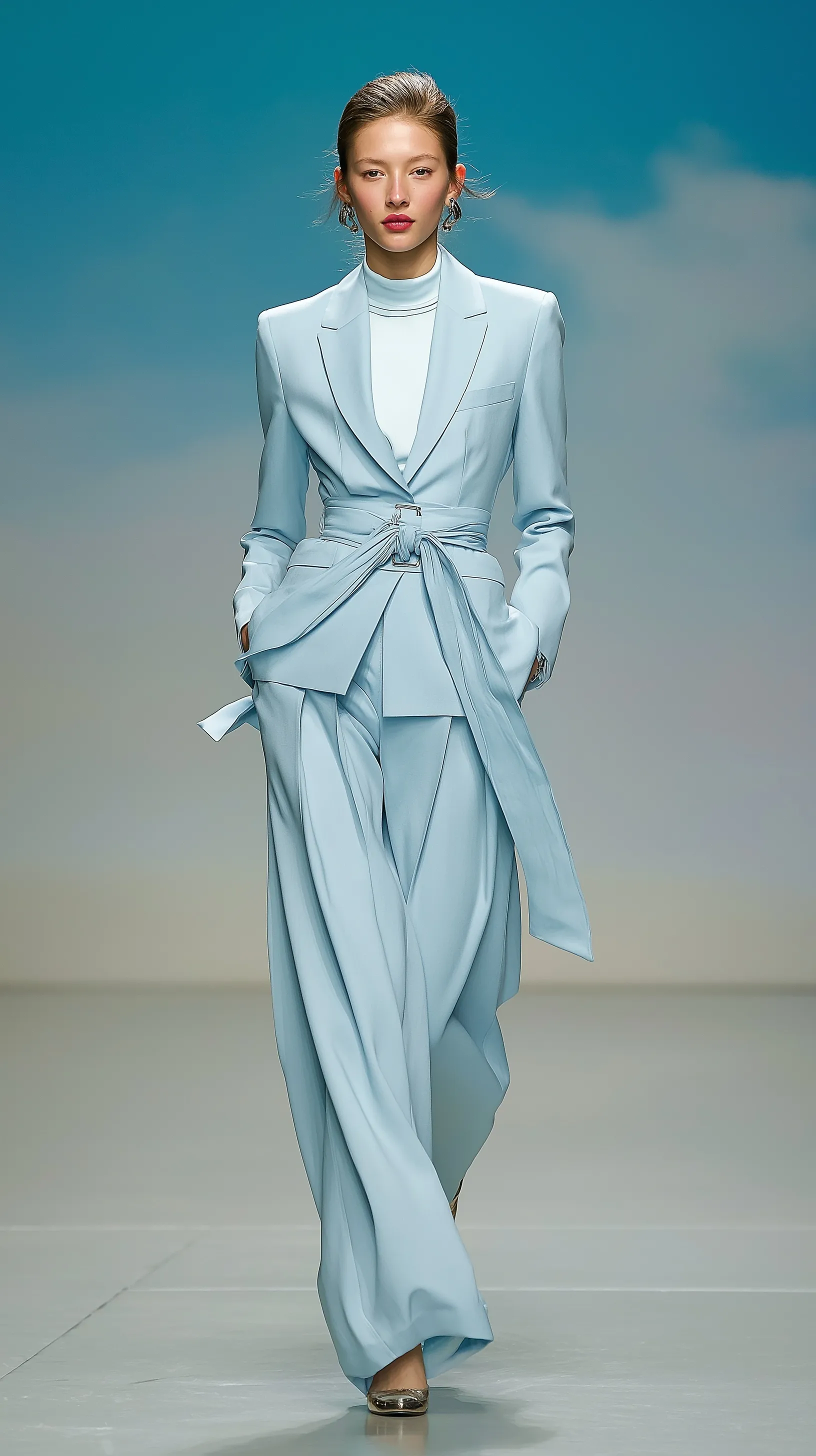 A model wearing a mist blue belted wool suit with wide-leg trousers on a professional fashion runway.