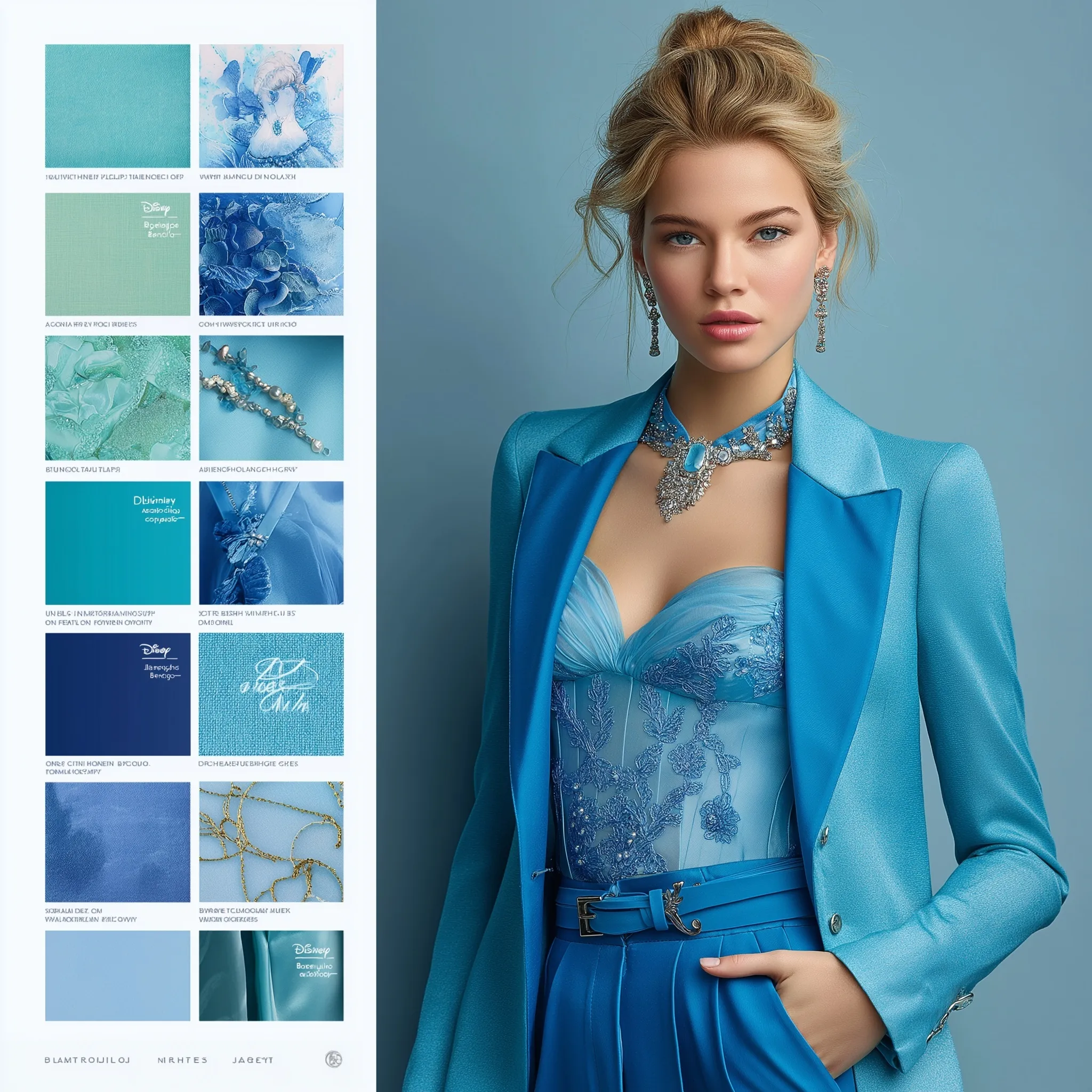 Fashion design image map of Disney-inspired glacier blue outfits featuring silk textures, Y2K silhouettes, and trends.