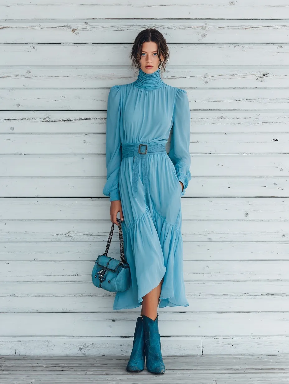 Swedish model in a minimalist glacier blue chiffon long-sleeve midi dress with a matching bag against a white wall.
