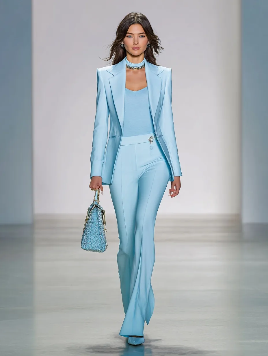A 35-year-old woman in a glacier blue business suit with a fitted top and flared trousers standing on a runway.
