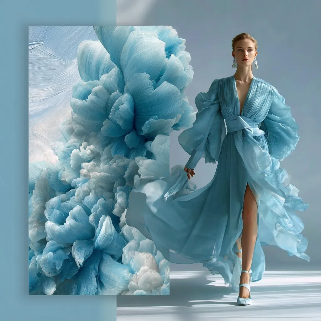 A model wearing a stylish Glacier Blue summer outfit inspired by the Pantone 2026 Cloud Dancer color trend.
