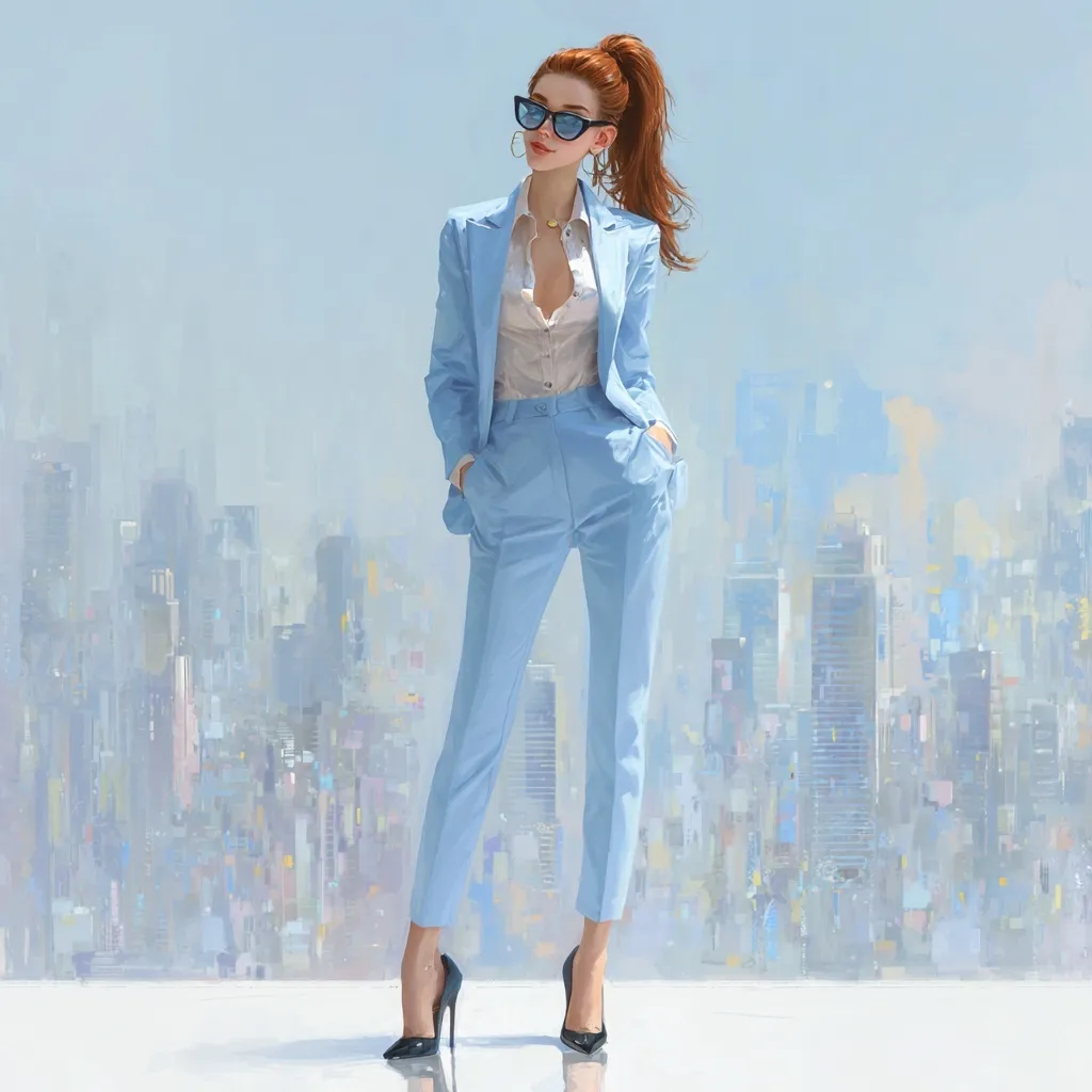 A tall woman with auburn hair in a pale blue summer suit and sunglasses smiling against a professional cityscape.