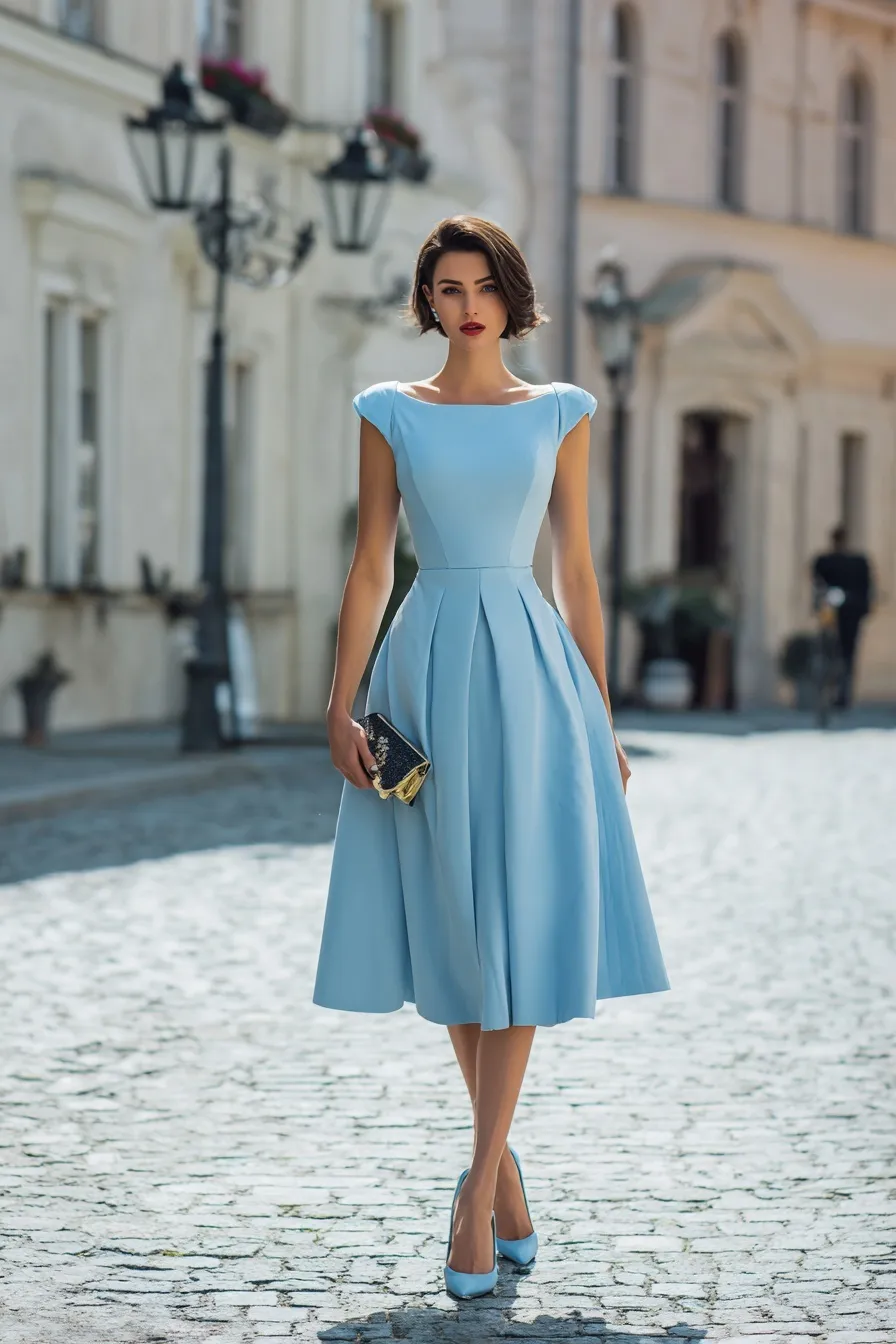 Elegant woman in a glacier blue midi dress and heels standing on a city street with a chic clutch bag.