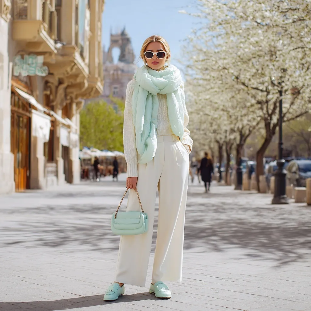 Stylish woman in ivory trousers and mint accessories walking on a European street with blooming spring trees.