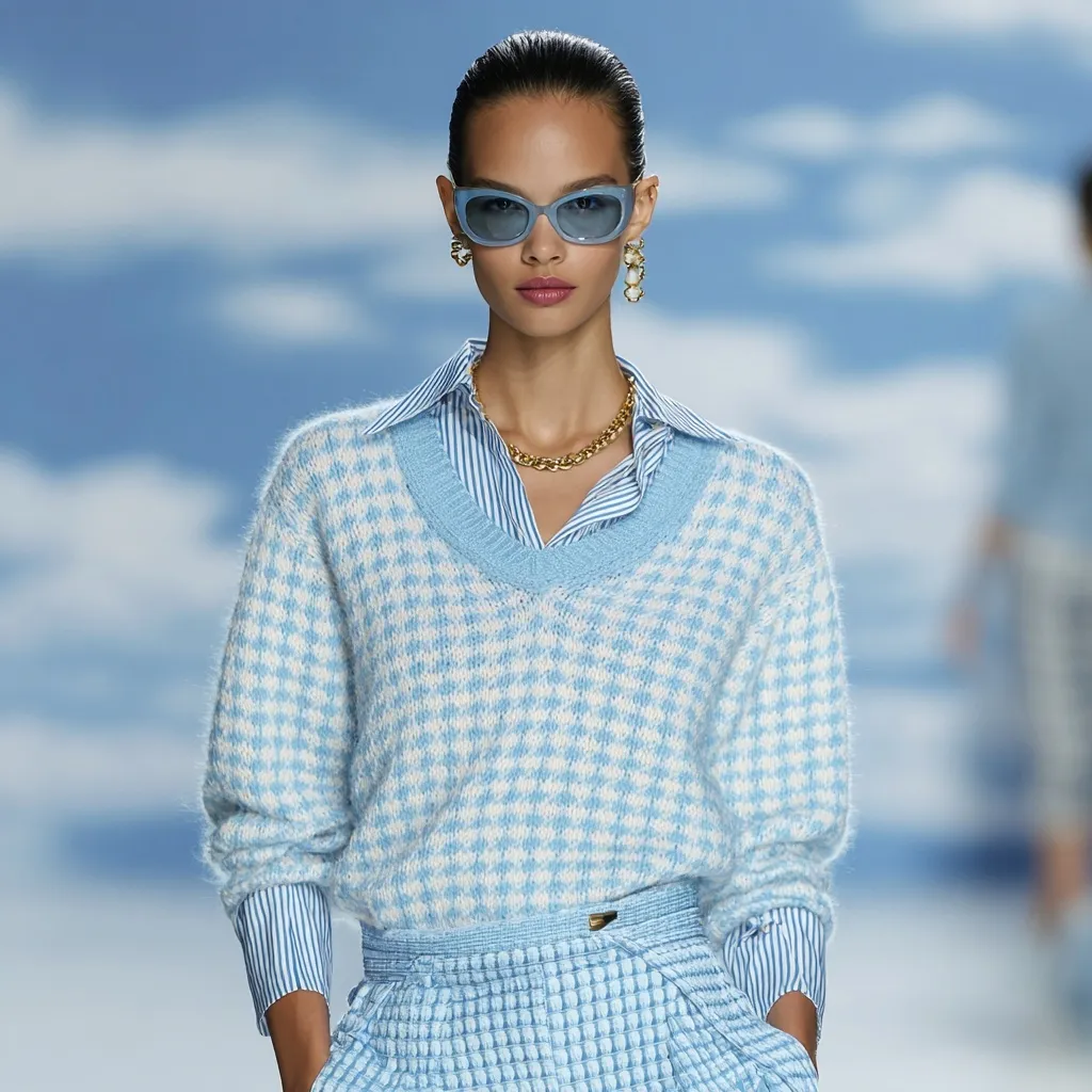 Model on a runway wearing a light blue and white Vichy knit sweater with 3/4 sleeves and a layered striped blouse.
