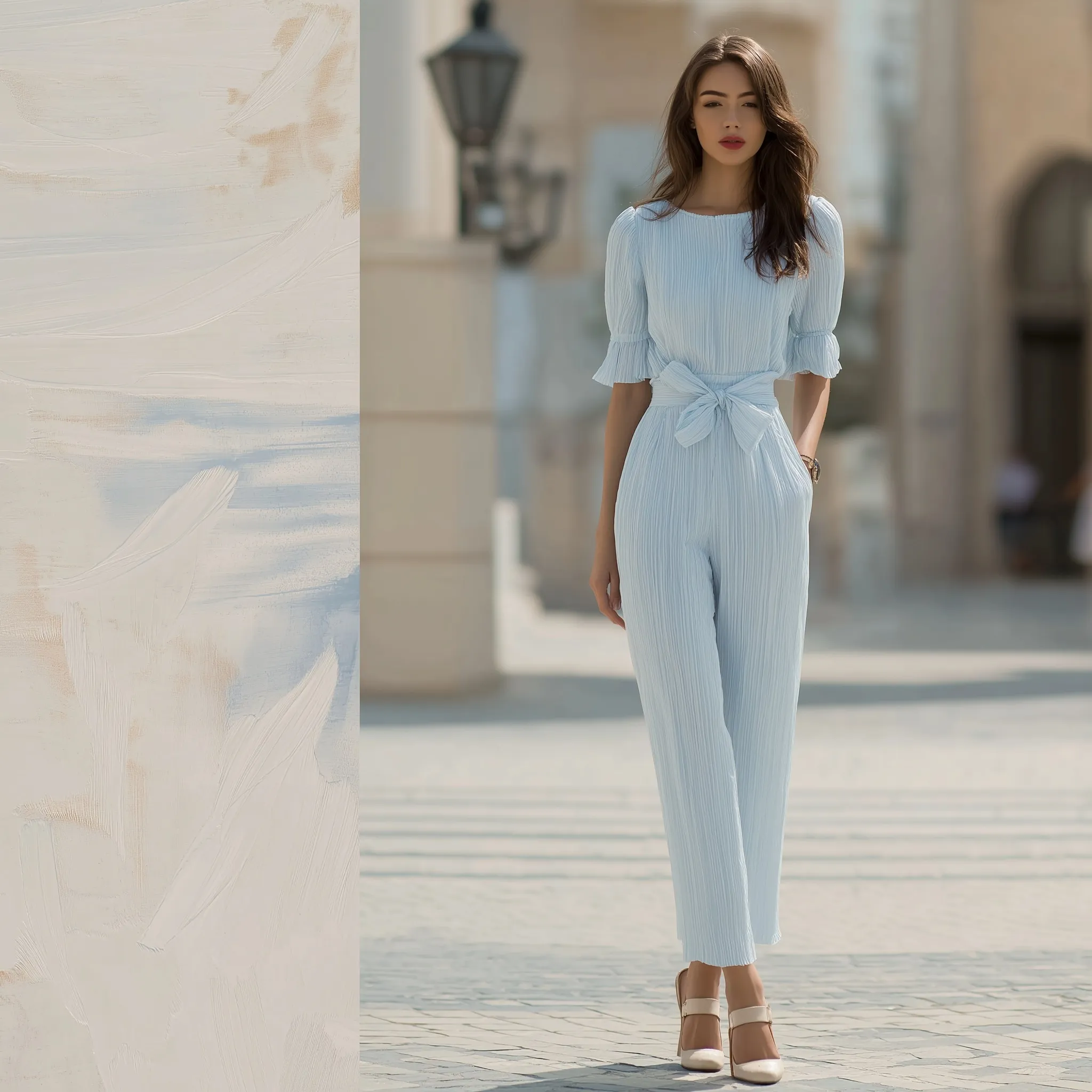 A woman wearing a stylish glacier blue pleated two-piece set, featuring wrinkle-free fabric for a modern formal look.