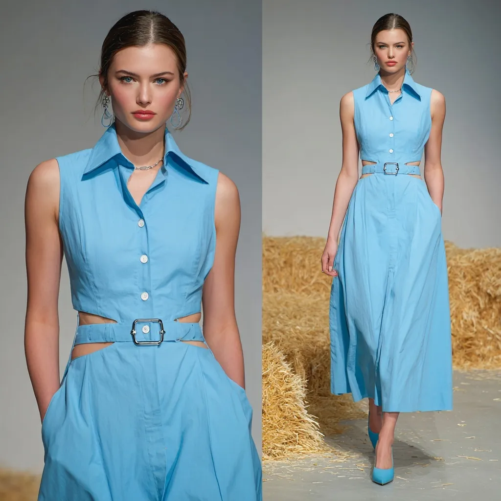 A model wearing a light blue cutout midi dress with buttons on a runway decorated with hay and natural plants.