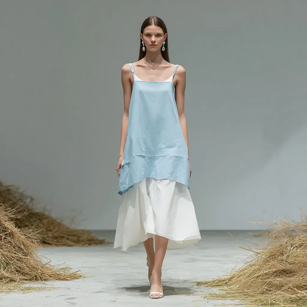 Model in a light blue double-layered cotton-linen midi dress on a minimalist fashion runway.