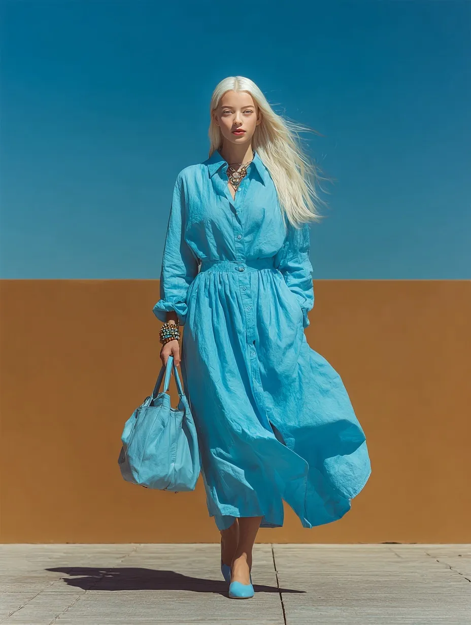 A blonde model in a Klein blue cotton summer dress and matching flats walking on a vintage studio runway.