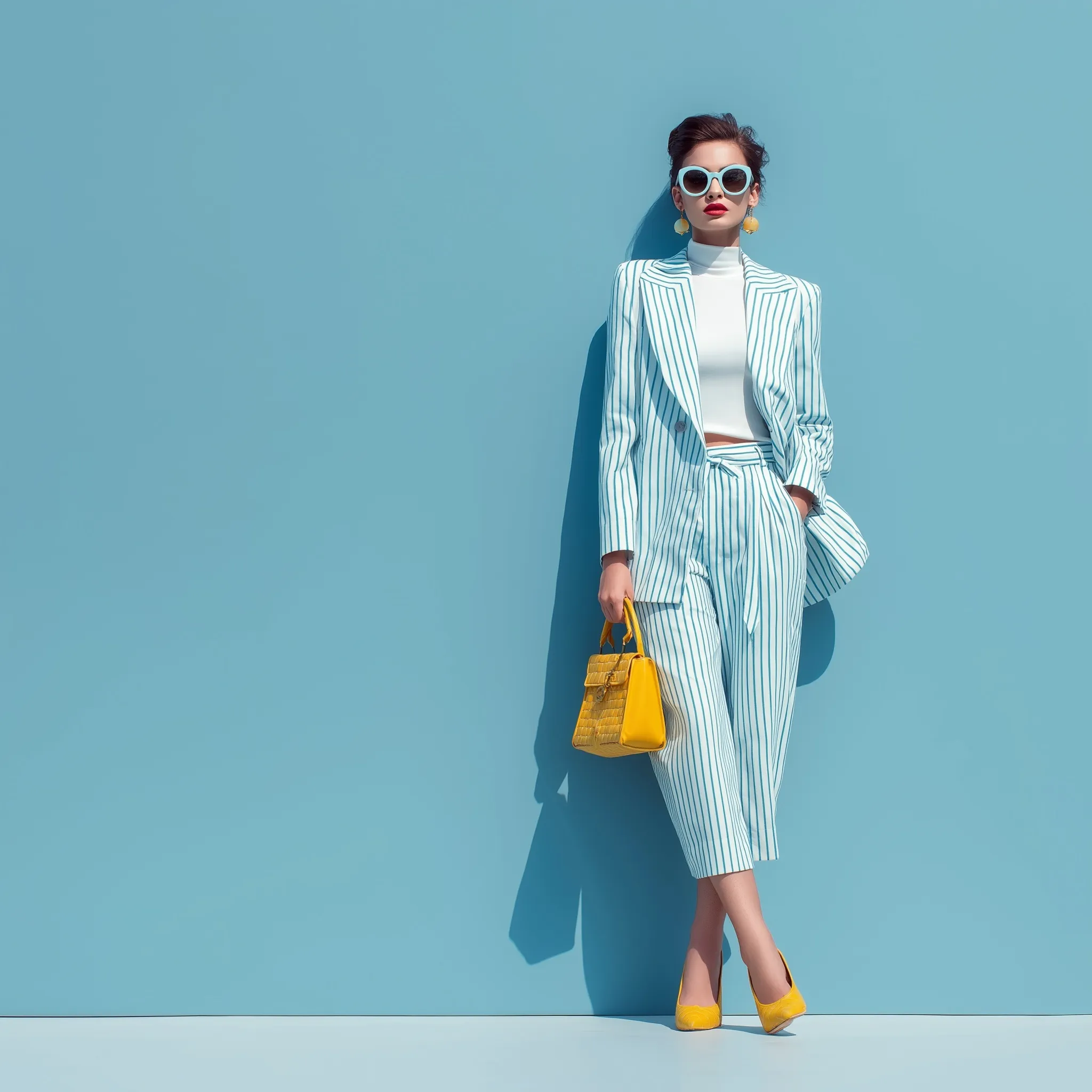 A stylish woman wearing a chic glacier blue summer outfit, full-body shot against a clean light blue background.