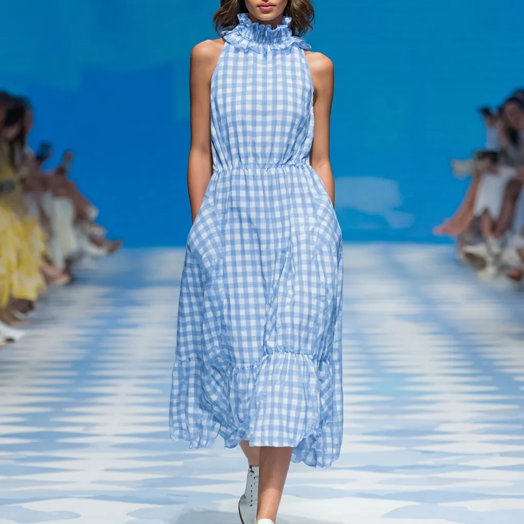 European model on runway in a sleeveless glacier blue gingham midi dress with ruffled collar and A-line silhouette.