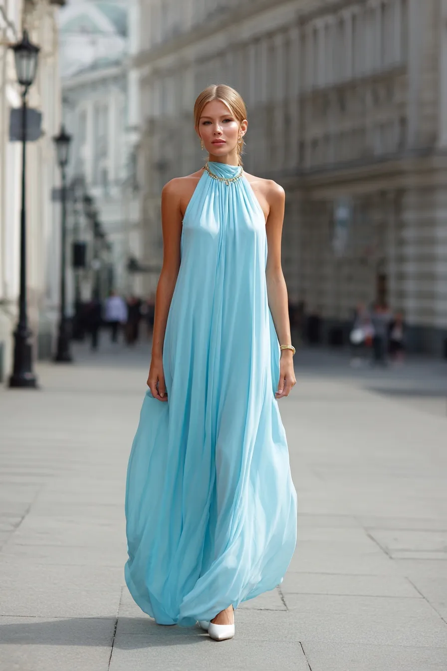 Elegant woman in a glacier blue chiffon maxi dress with a cowl neckline standing on an urban street.