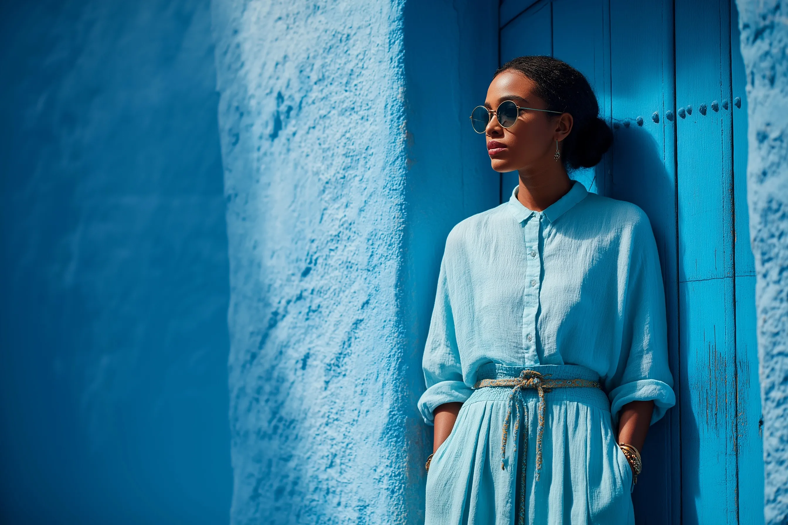 A Moroccan model in a chic glacier blue outfit standing against textured blue walls in Chefchaouen, Morocco.