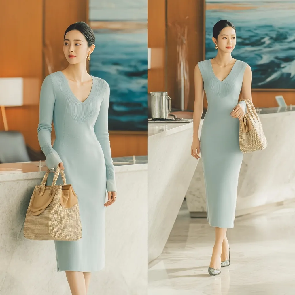 A 20s Korean female idol in a pastel glacier blue midi dress and leather tote walking into a professional office.