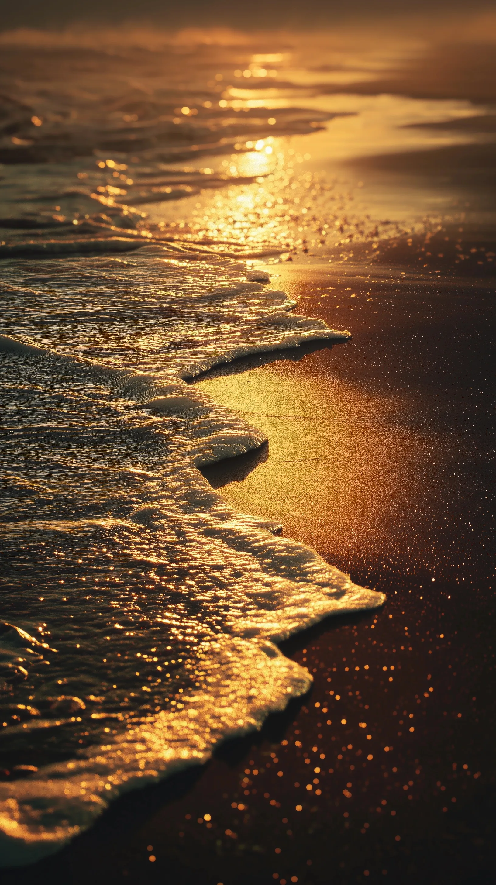Dreamlike golden hour ocean landscape with glittering reflections on sand and water at sunset.