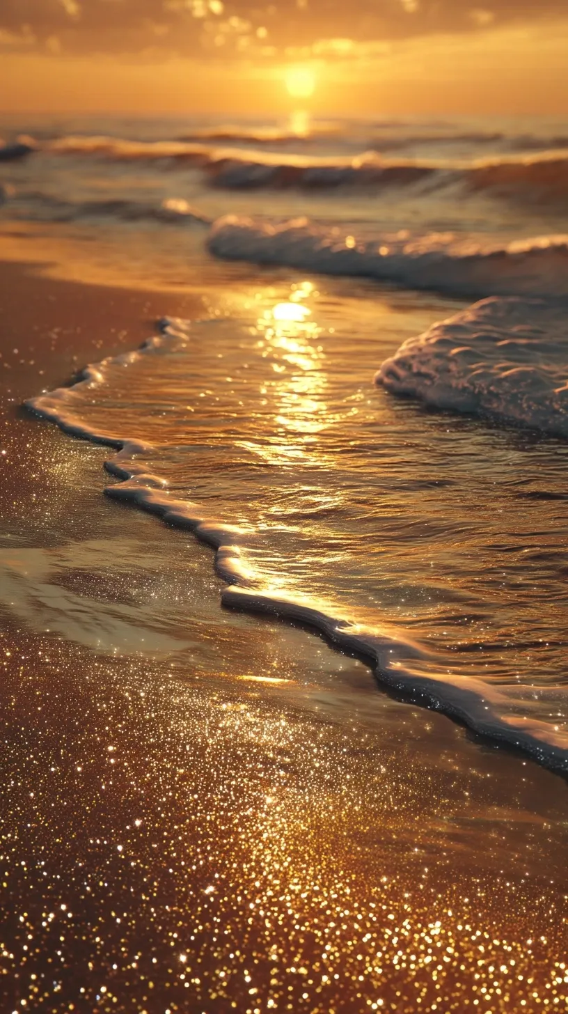 Golden hour at a tranquil ocean beach with glittering sand, gentle waves, and warm sunset light, vertical view.