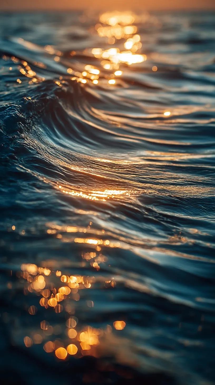 Gentle ocean ripples reflecting warm golden sunset light in a tranquil, cinematic close-up.