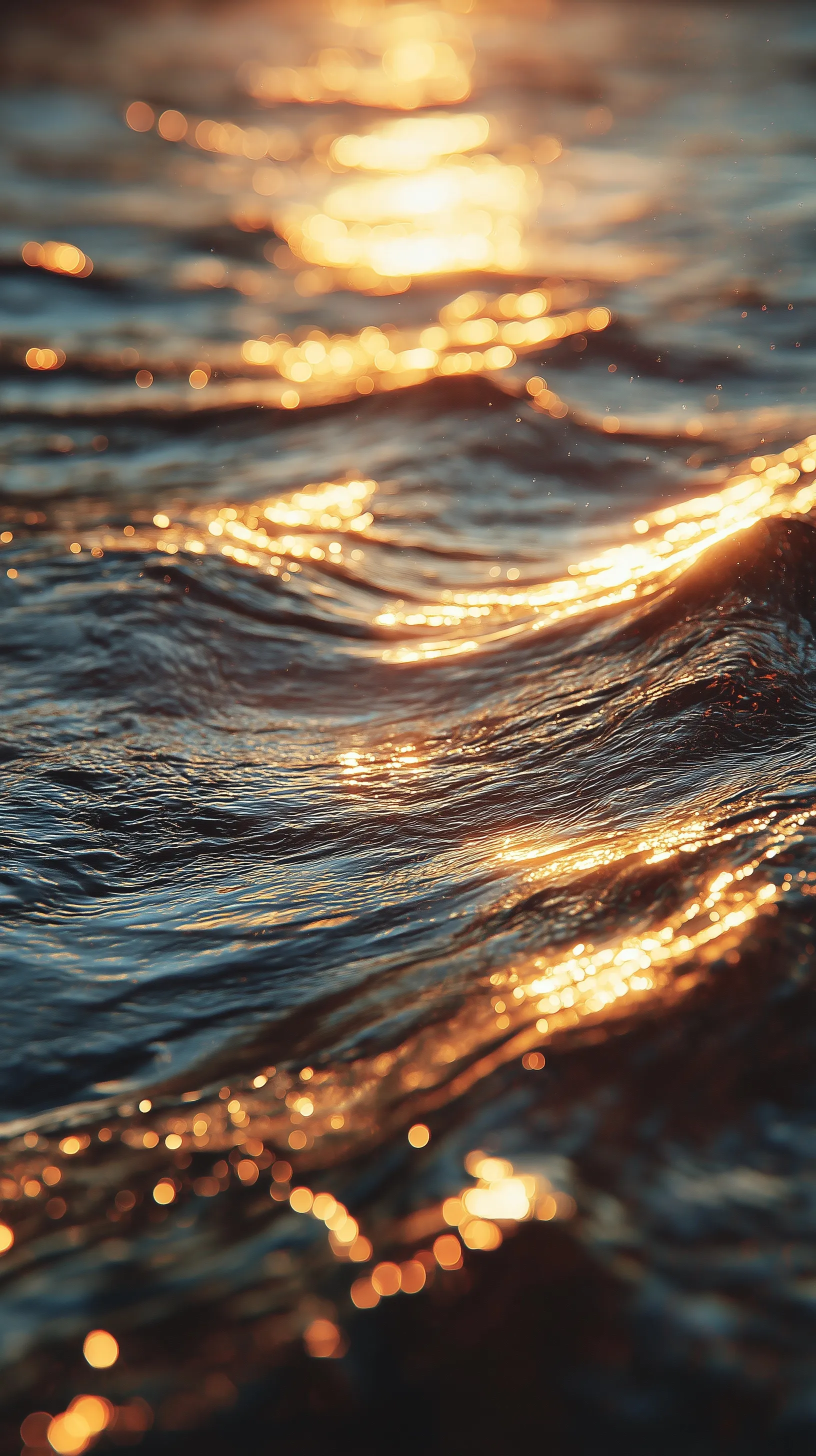 Golden hour sunlight reflecting on the gentle, flowing ripples of a peaceful river surface in a dreamy cinematic view.