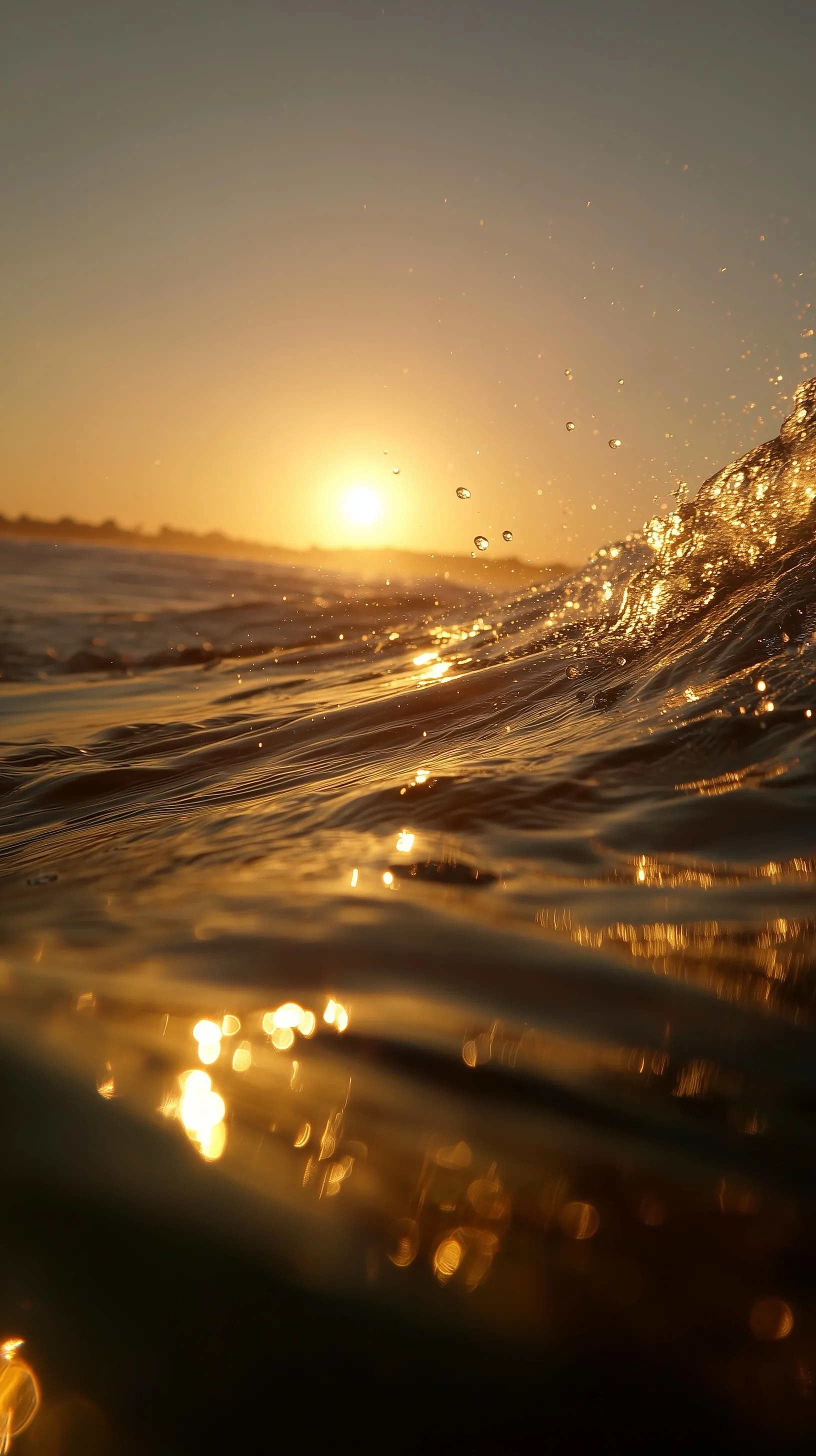 Slow-motion ocean waves from underwater during a golden hour sunset with aesthetic film grain and texture.