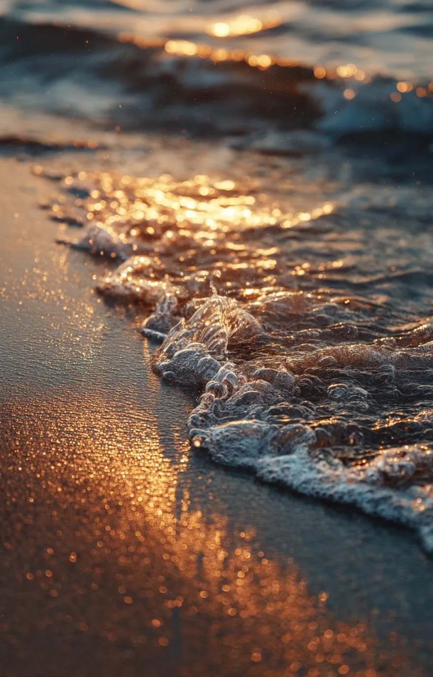 Extreme close-up of golden hour ocean waves washing over a sandy beach, minimalist aesthetic.