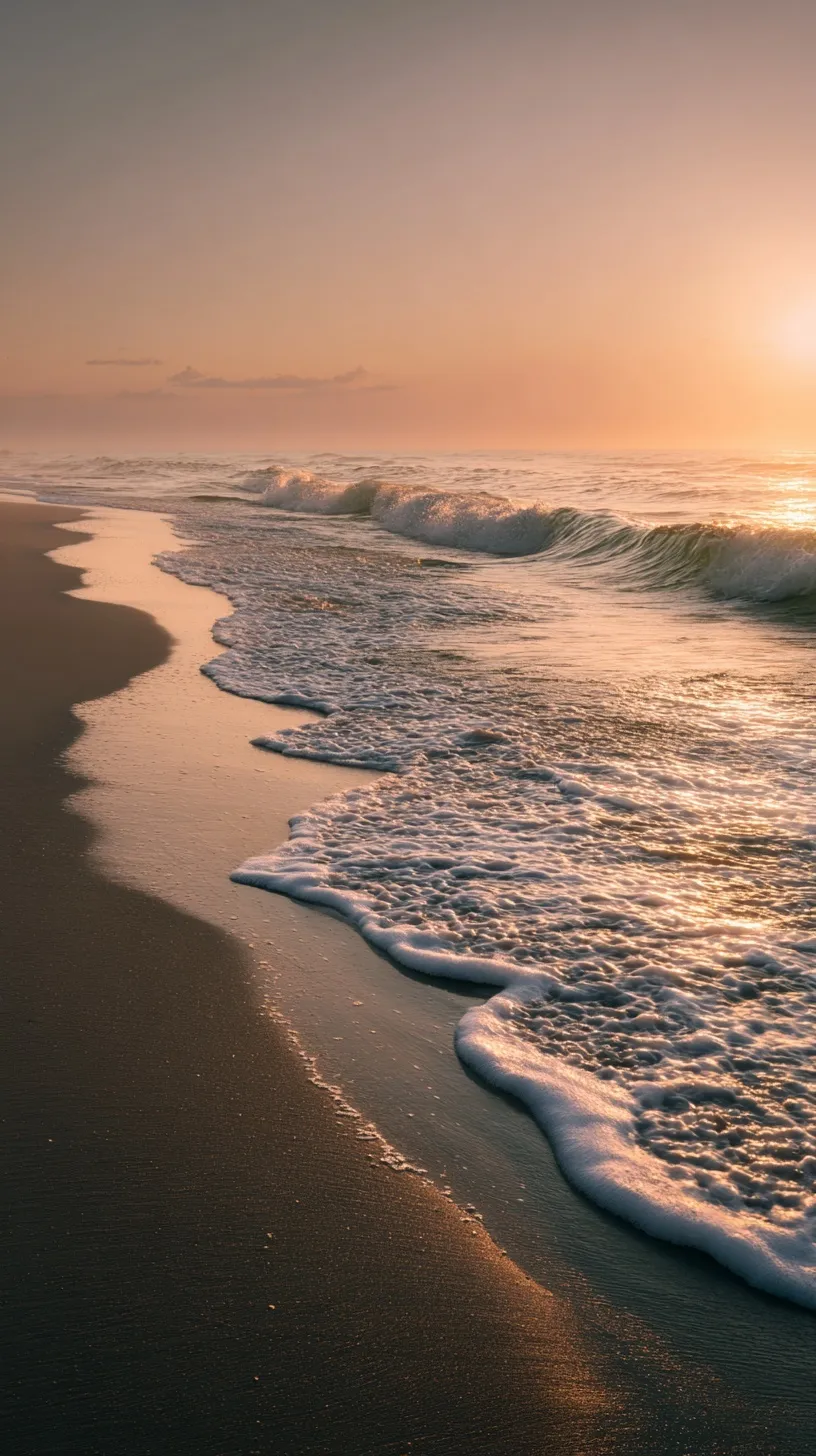Minimalist beach scene at sunrise with calm ocean waves and soft pastel colors in a serene, empty vertical setting.