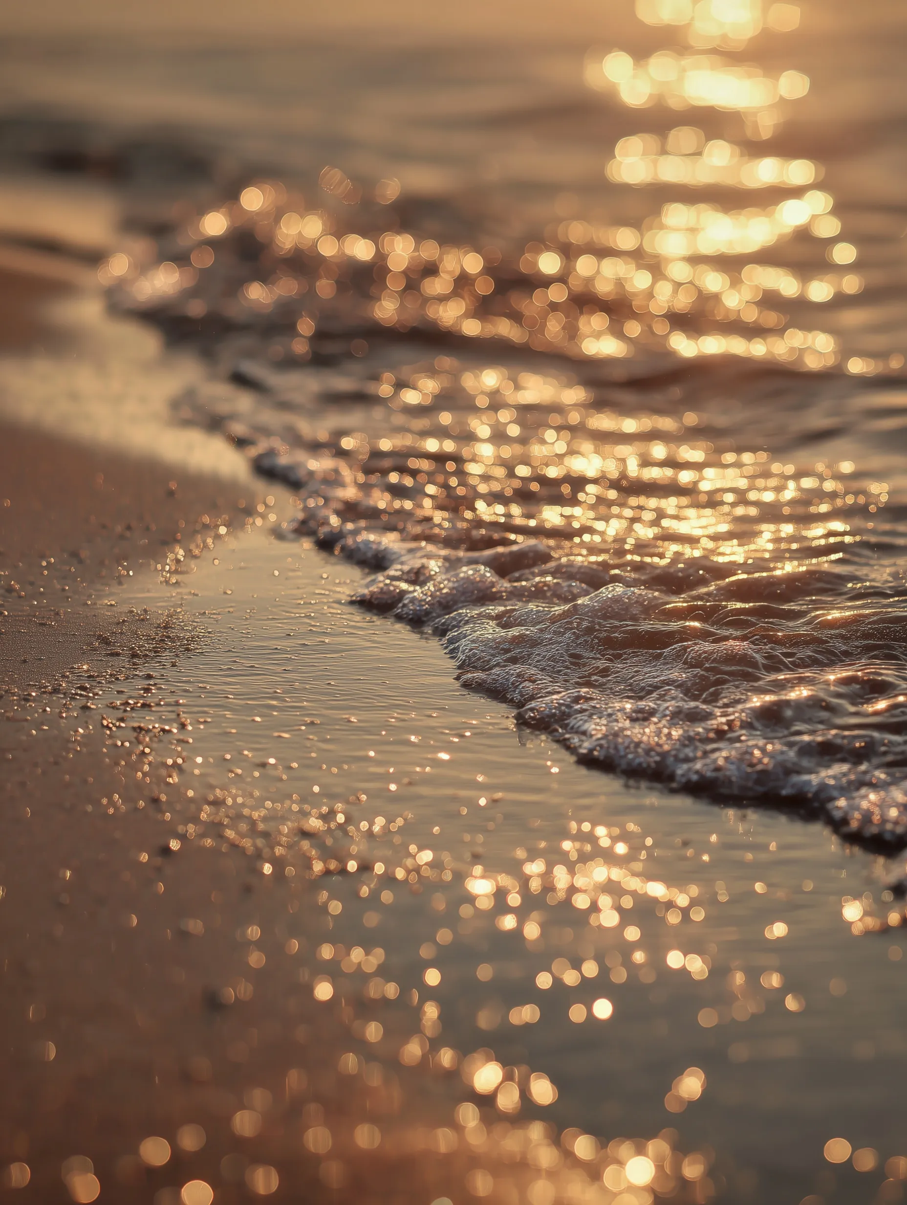 Close-up of golden hour ocean waves washing over a rocky Ibiza beach with sun-drenched, sparkling reflections.