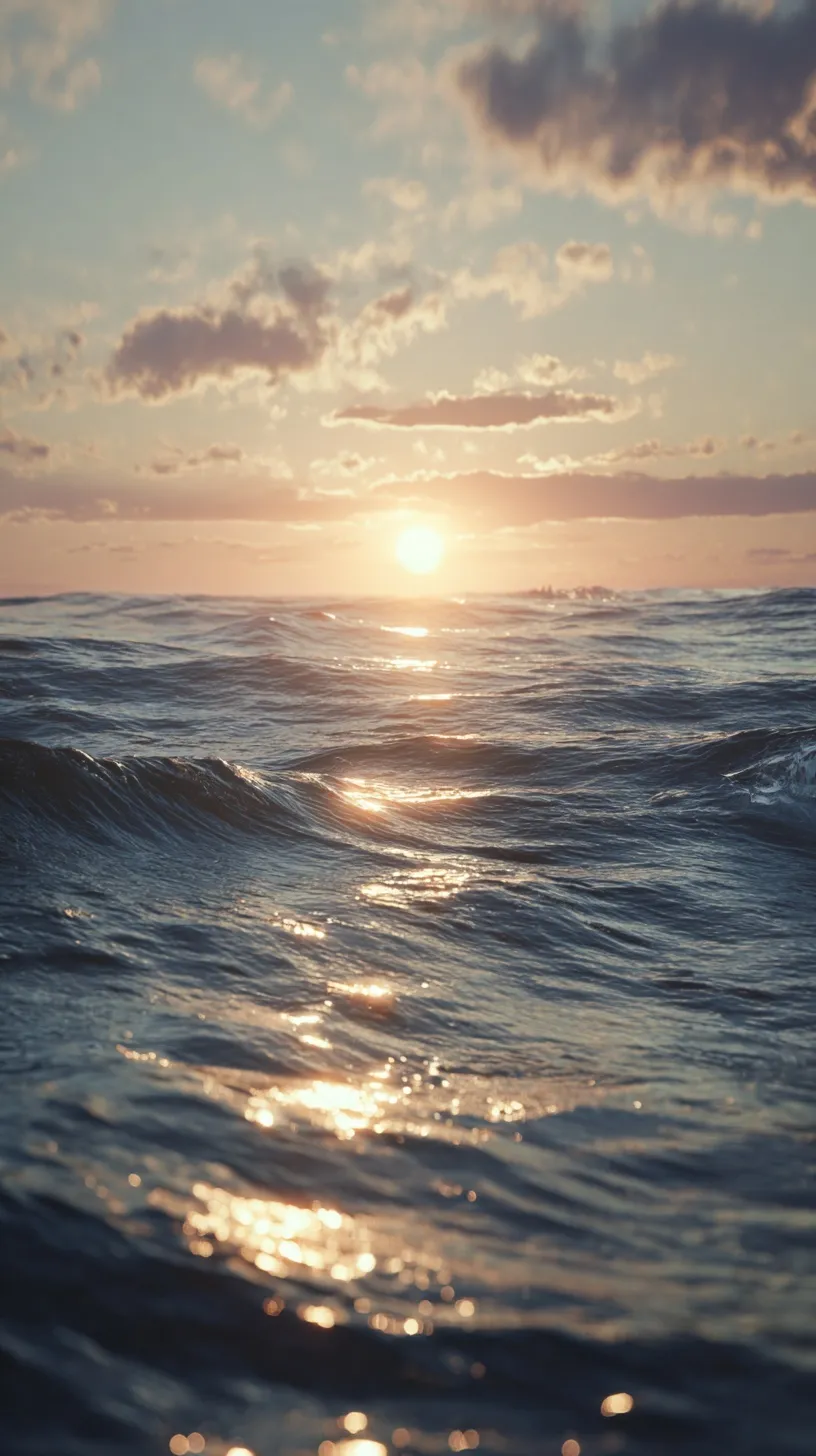 Ultra-realistic golden hour ocean view with calm waves and soft sunlight reflecting on the water surface.