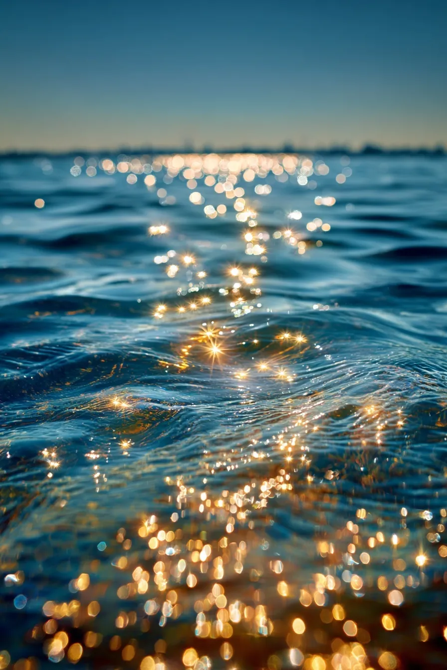 Sparkling golden hour sunlight reflecting on the deep blue ocean surface under a clear sky.