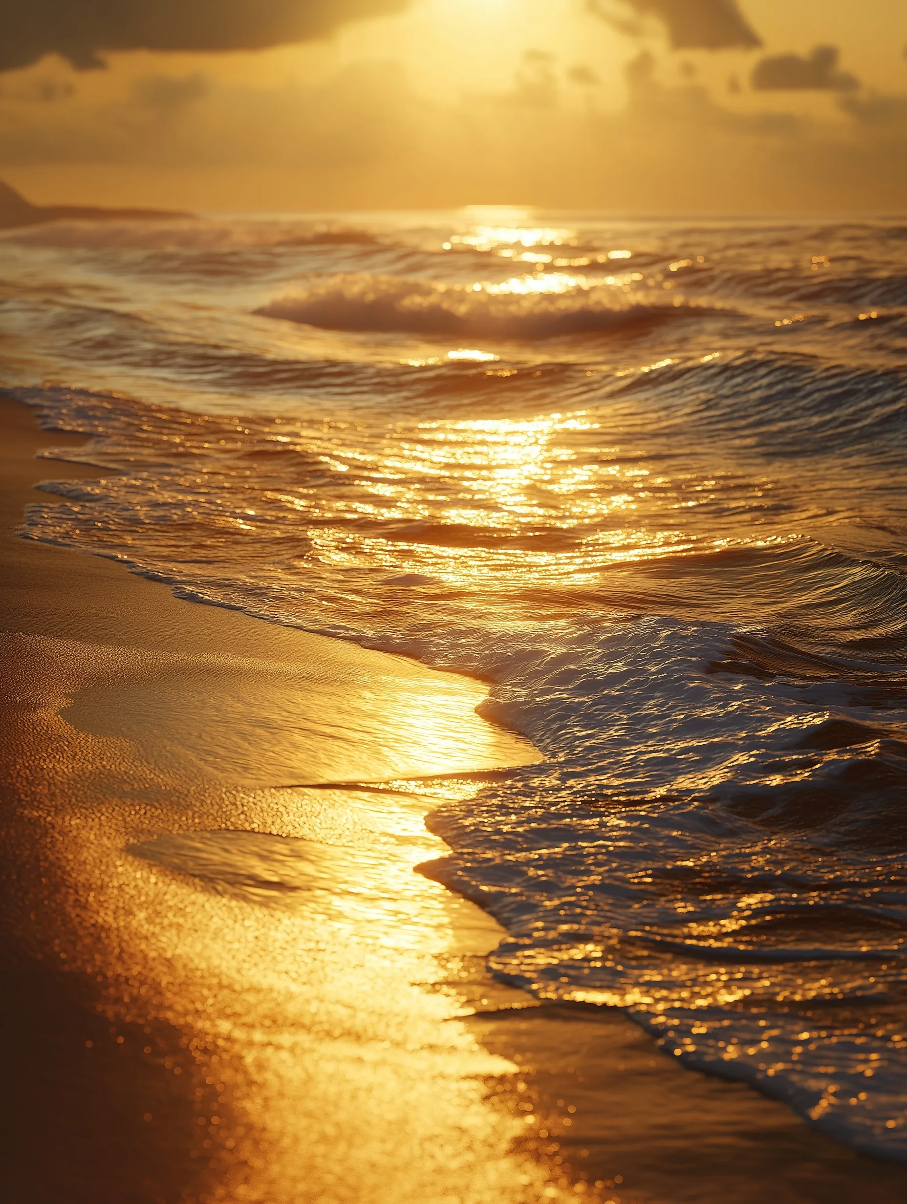 Golden hour ocean seascape with gentle waves, warm sunlight reflections, and dramatic coastal lighting.