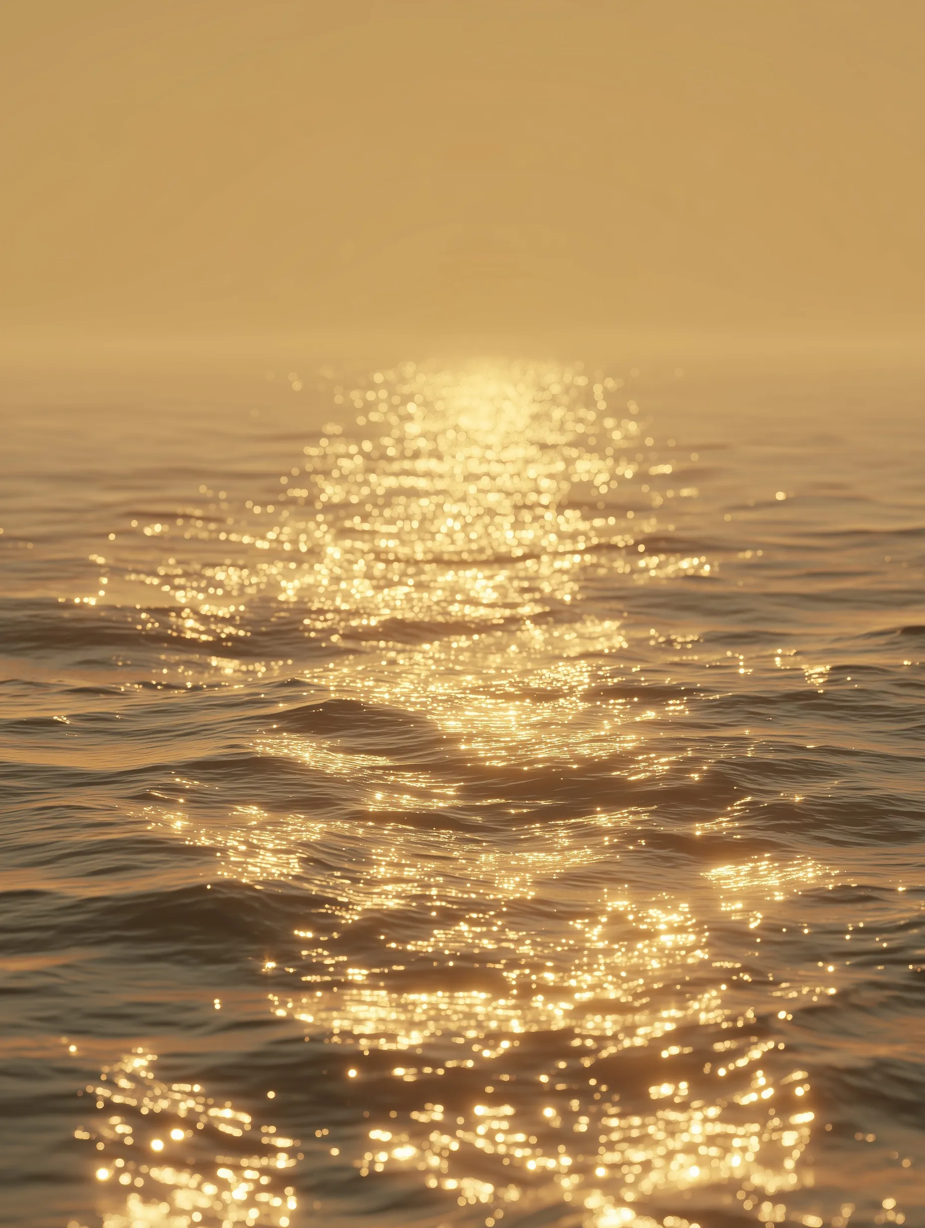 3D rendering of calm ocean water shimmering under warm golden hour sunlight, creating a dreamy, poetic atmosphere.