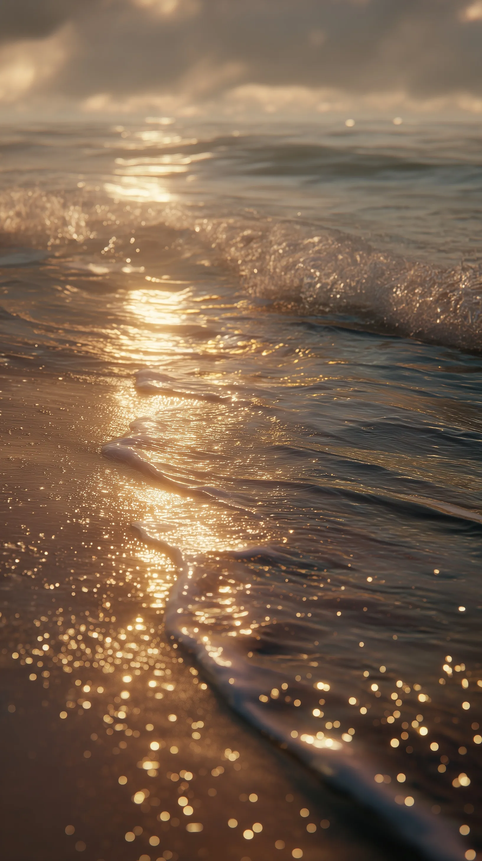 Cinematic wide shot of golden hour ocean waves at sunset with sparkling water and dreamy light.