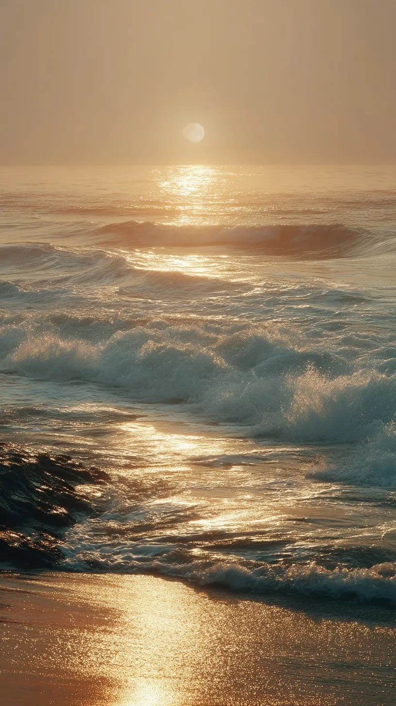 Minimalist sunrise over the ocean with golden sunlight reflecting on gentle waves and rocky coastline.