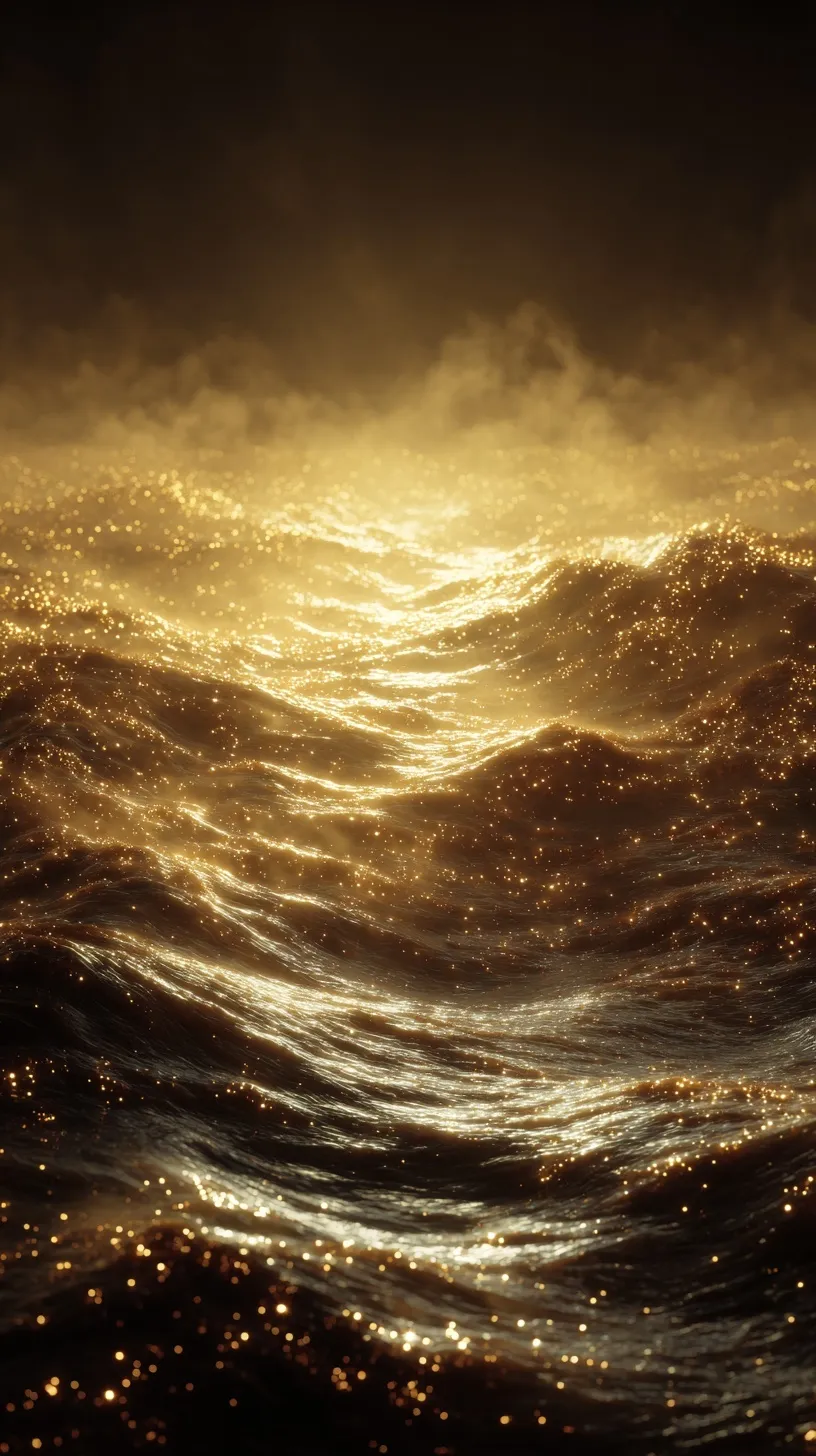 A wide cinematic shot of a glowing golden ocean made of shimmering light particles in a surreal fantasy setting.