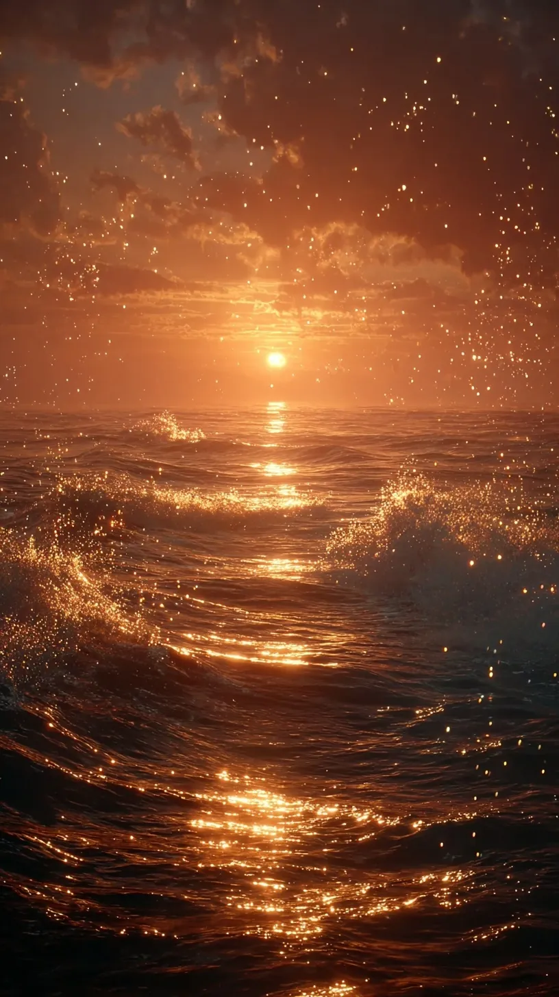 Cinematic golden hour ocean waves glowing with radiant amber light and mystical floating particles.