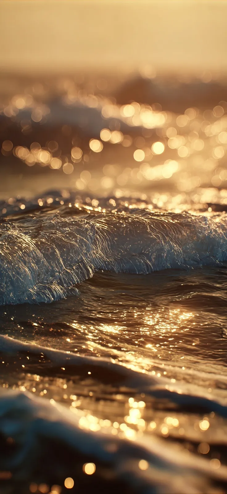 Close-up of golden hour ocean waves with cinematic sunlight glinting on water and soft, warm bokeh.