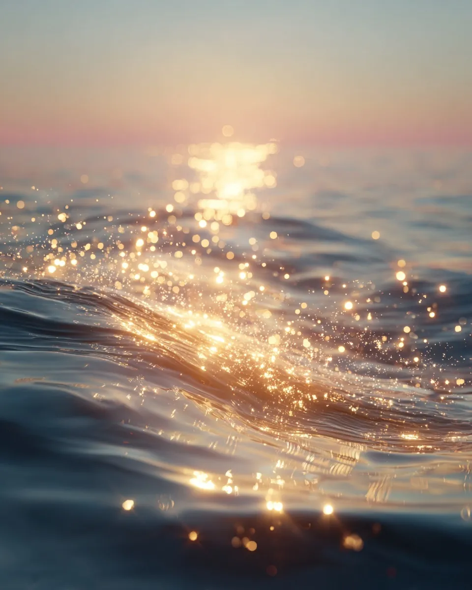 Bright golden morning light dancing on gentle ocean ripples with clear sky reflections and soft, airy pastel tones.