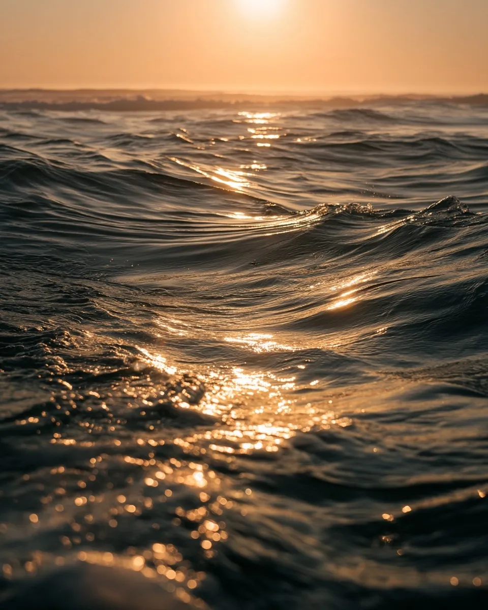 Calm ocean surface reflecting warm golden hour sunlight at sunset with a distant horizon.