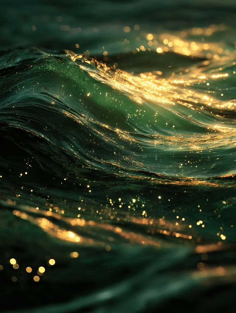 Cinematic golden hour sunlight reflecting on translucent emerald green ocean waves with shimmering light particles.